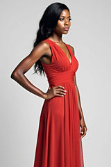 Dressystars A Line Ruched Red Wedding Guest Dress Backless Long Formal Dress