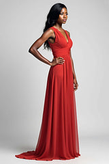 Dressystars A Line Ruched Red Wedding Guest Dress Backless Long Formal Dress