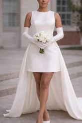 Dressystars A Line Scoop Neck Sleeveless Short Mini Detachable Matte Satin Wedding Dress with Bow