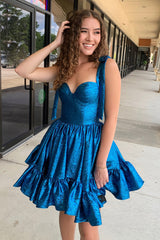 Dressystars A Line Spaghetti Straps Blue Homecoming Dress Tiered Short Prom Dress with Bows