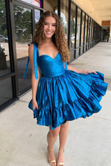 Dressystars A Line Spaghetti Straps Blue Homecoming Dress Tiered Short Prom Dress with Bows