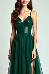Dressystars A Line Spaghetti Straps Dark Green Wedding Guest Dress Long Formal Dress With Slit