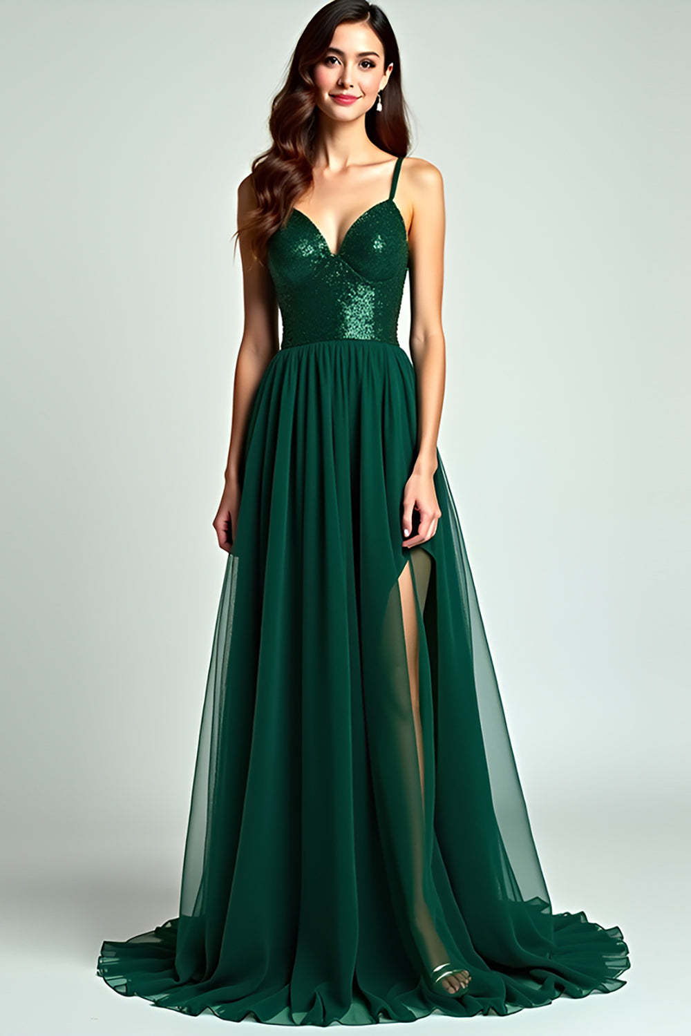 Dressystars A Line Spaghetti Straps Dark Green Wedding Guest Dress Long Formal Dress With Slit