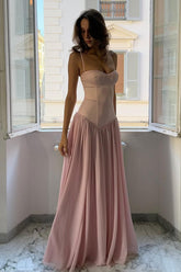 Dressystars A Line Spaghetti Straps Pink Corset Prom Dress With Ruffles Formal Evening Gown
