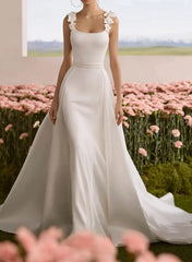 Dressystars A Line Square Neckline Sleeveless Court Train Chiffon Satin Wedding Dress with Flowers and Overskirt
