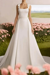 Dressystars A Line Square Neckline Sleeveless Court Train Chiffon Satin Wedding Dress with Flowers and Overskirt