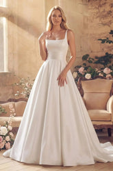 Dressystars A Line Square Neckline Sleeveless Court Train Satin Wedding Dress with Pockets