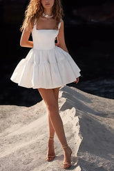 Dressystars A Line Square Neckline Sleeveless Short Mini Matte Satin Wedding Dress