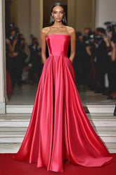Dressystars A Line Strapless Satin Watermelon Long Formal Dress