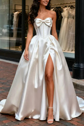 Dressystars A Line Strapless Sleeveless Court Train Satin Wedding Dress with Bow Beading and High Slit