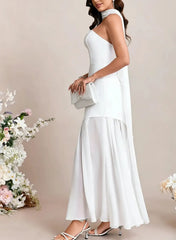 Dressystars A Line Strapless Sleeveless Floor Length Chiffon Elastic Satin Wedding Dress
