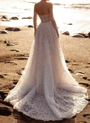 Dressystars A Line Sweetheart Detachable Sleeves Court Train Lace Wedding Dress with Appliques and High Slit