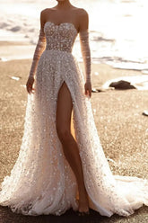 Dressystars A Line Sweetheart Detachable Sleeves Court Train Lace Wedding Dress with Appliques and High Slit
