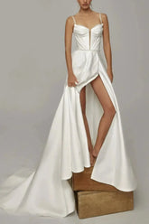 Dressystars A Line Sweetheart Sleeveless Chapel Train Satin Wedding Dress with Pockets