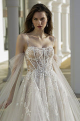 Dressystars A Line Tulle Lace Spaghetti Straps Sleeve White Wedding Dress Bridal Gown With Appliques