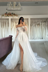 Dressystars A Line Tulle Lace Strapless Sleeve White Wedding Dress Bridal Gown With Split Front