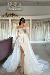 Dressystars A Line Tulle Lace Strapless Sleeve White Wedding Dress Bridal Gown With Split Front
