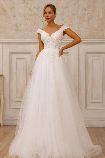Dressystars A Line Tulle Lace V Neck Sleeveless White Wedding Dress Bridal Gown With Appliques