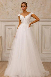 Dressystars A Line Tulle Lace V Neck Sleeveless White Wedding Dress Bridal Gown With Appliques