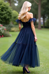 Dressystars A Line Tulle Navy Wedding Guest Dress Sweetheart Ankle-Length Formal Dress