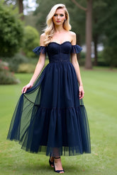 Dressystars A Line Tulle Navy Wedding Guest Dress Sweetheart Ankle-Length Formal Dress