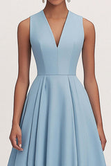 Dressystars A Line V Neck Blue Wedding Guest Dress Tea Length Formal Dress