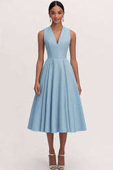 Dressystars A Line V Neck Blue Wedding Guest Dress Tea Length Formal Dress