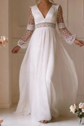 Dressystars A Line V Neck Long Sleeves Floor Length Chiffon Wedding Dress with Bow and Lace
