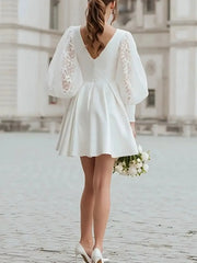 Dressystars A Line V Neck Long Sleeves Short Mini Lace Elastic Satin Wedding Dress