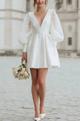 Dressystars A Line V Neck Long Sleeves Short Mini Lace Elastic Satin Wedding Dress