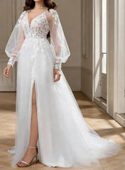 Dressystars A Line V Neck Long Sleeves Sweep Train Chiffon Lace Wedding Dress with Front Slit and Appliques