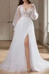 Dressystars A Line V Neck Long Sleeves Sweep Train Chiffon Lace Wedding Dress with Front Slit and Appliques