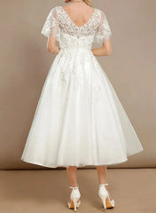 Dressystars A Line V Neck Short Sleeves Tea Length Satin Wedding Dress with Appliques