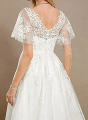 Dressystars A Line V Neck Short Sleeves Tea Length Satin Wedding Dress with Appliques