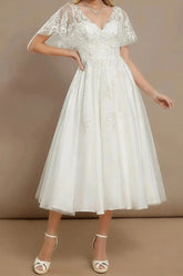 Dressystars A Line V Neck Short Sleeves Tea Length Satin Wedding Dress with Appliques