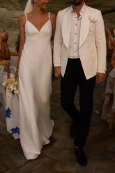 Dressystars A Line V Neck Sleeveless Open Back Sweep Train Crepe Satin Wedding Dress