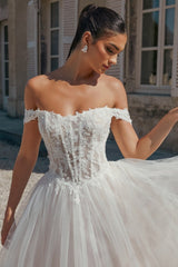 Dressystars A Line Wedding Dress Off The Shoulder Appliques Tulle Bridal Gown
