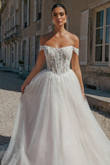Dressystars A Line Wedding Dress Off The Shoulder Appliques Tulle Bridal Gown