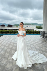 Dressystars A Line Wedding Dress Off The Shoulder Sleeveless Appliques White Bridal Gown with Panel Train