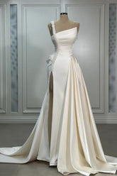 Dressystars A Line Wedding Dress Satin One Shoulder Sleeveless Bridal Gown With Panel Train