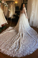 Dressystars A Line Wedding Dress V Neck Sleeves Lace Bridal Gown With Train