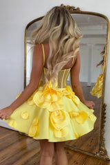 Dressystars A Line Yellow Homecoming Dress Corset Short Prom Dress With 3D Flowers