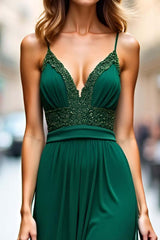 Dressystars Appliqued Sheath Dark Green Wedding Guest Dress Lace Long Formal Dress With Slit