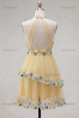 Dressystars Apricot Floral Halter Tiered A-Line Short Homecoming Dress