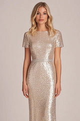 Dressystars Apricot Wedding Guest Dress Sheath Long Formal Dress With Short Sleeves