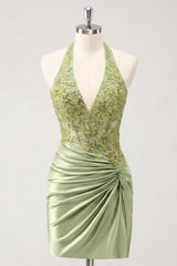 Dressystars Army Green Ruched Appliqued Halter Tight Corset Short Homecoming Dress