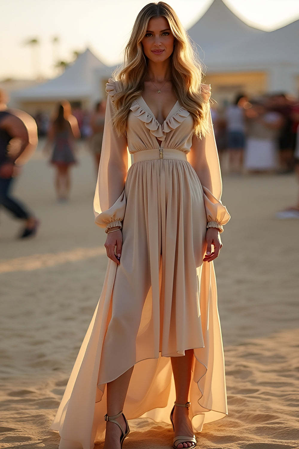 Dressystars Asymmetrical Length Apricot Wedding Guest Dress Ruffled Formal Dress With Long Sleeves