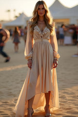 Dressystars Asymmetrical Length Apricot Wedding Guest Dress Ruffled Formal Dress With Long Sleeves