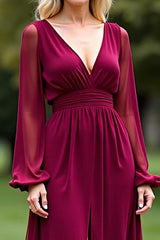 Dressystars Backless Long Burgundy Wedding Guest Dress V-Neck Chiffon Formal Dress With Slit