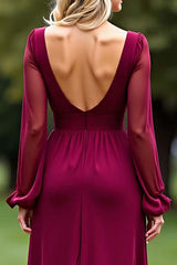 Dressystars Backless Long Burgundy Wedding Guest Dress V-Neck Chiffon Formal Dress With Slit